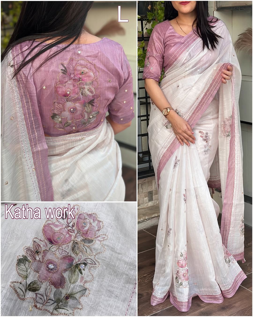 Katha Work Linen Saree